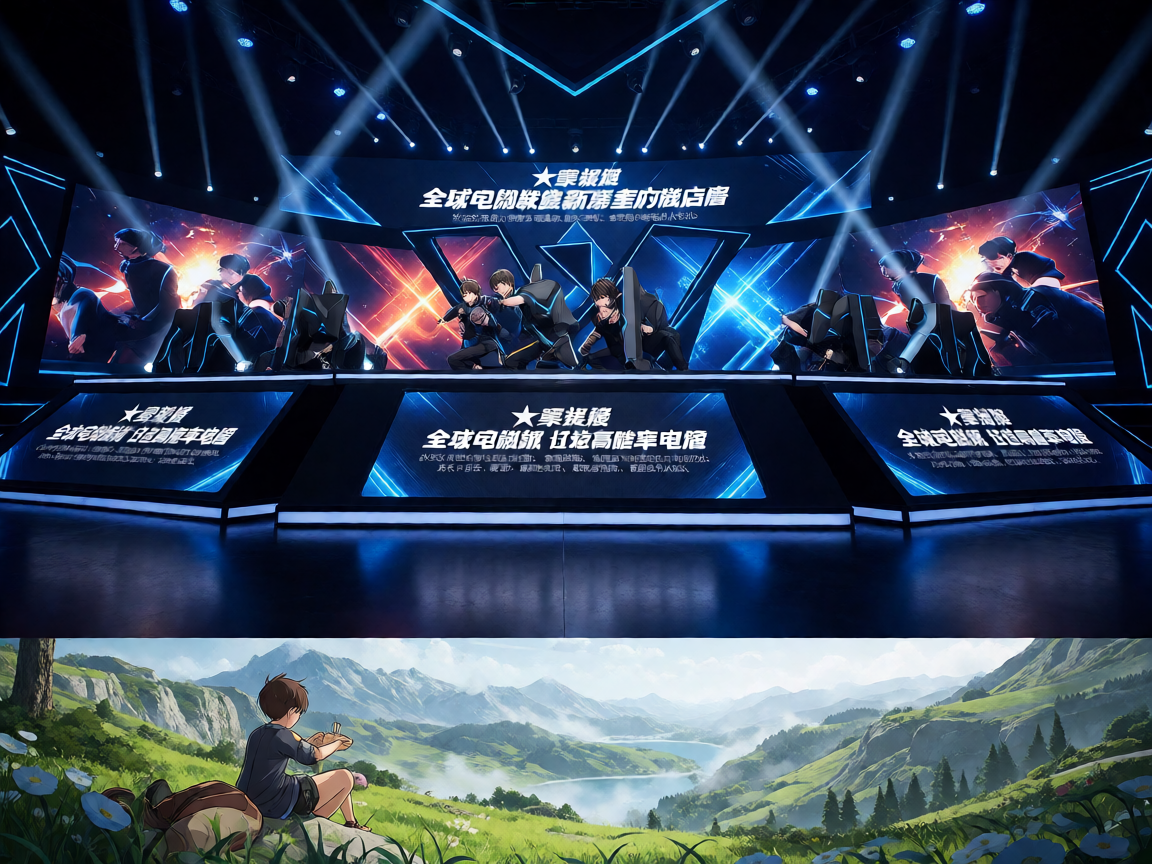 电竞赛事现场，选手在舞台上激烈竞技